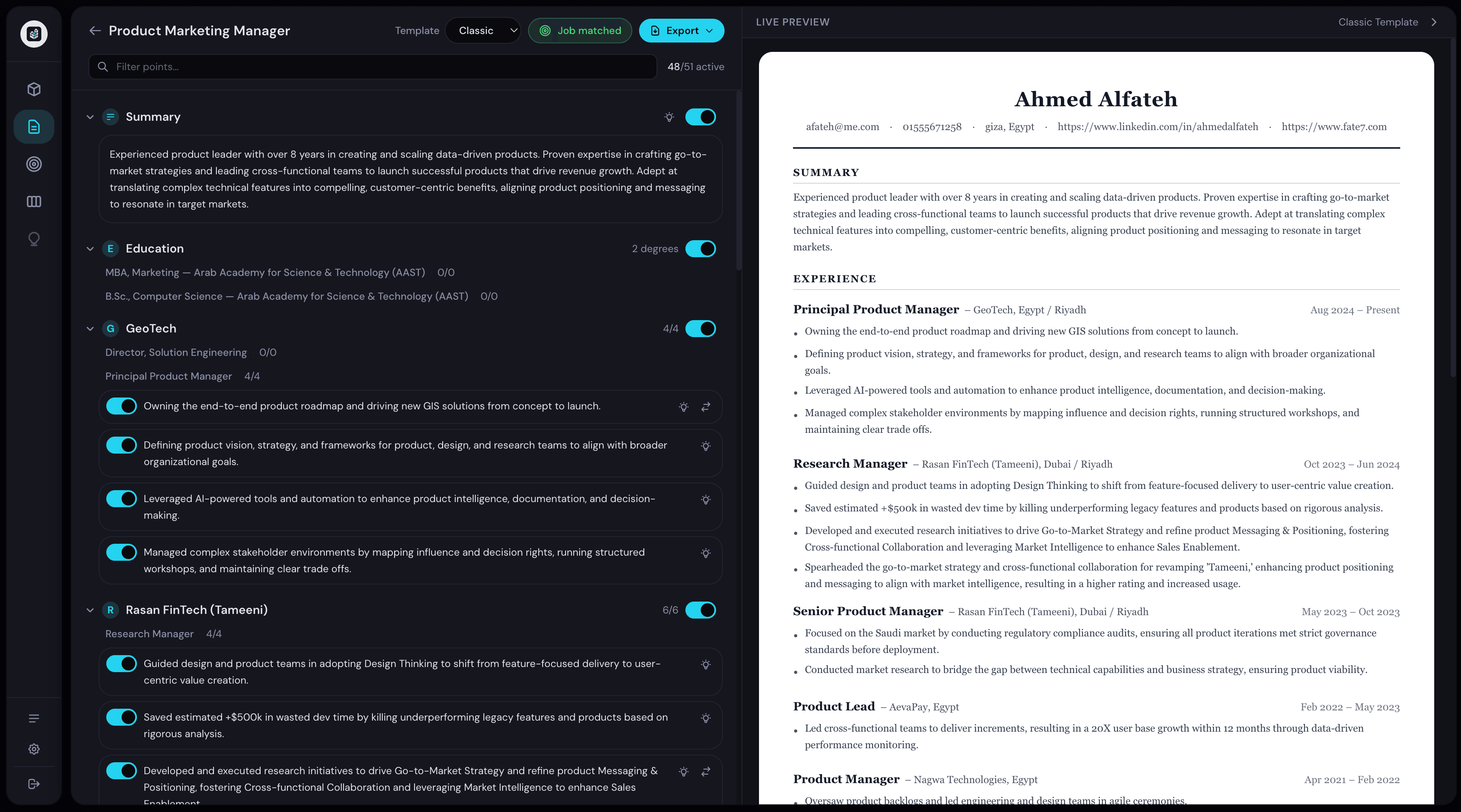 SuperCV CV Profiles editor with toggle panel on the left and live CV preview on the right